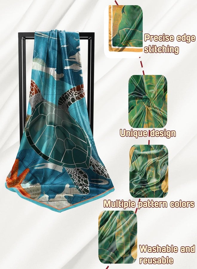 Cabreche 2 PCS Scarf Silk Feeling Square Satin Head Hair Wrap 27.5 Inches Trendy Aesthetic Cute Decoration for Women Girls-Leaf Sea Turtle - Image 3